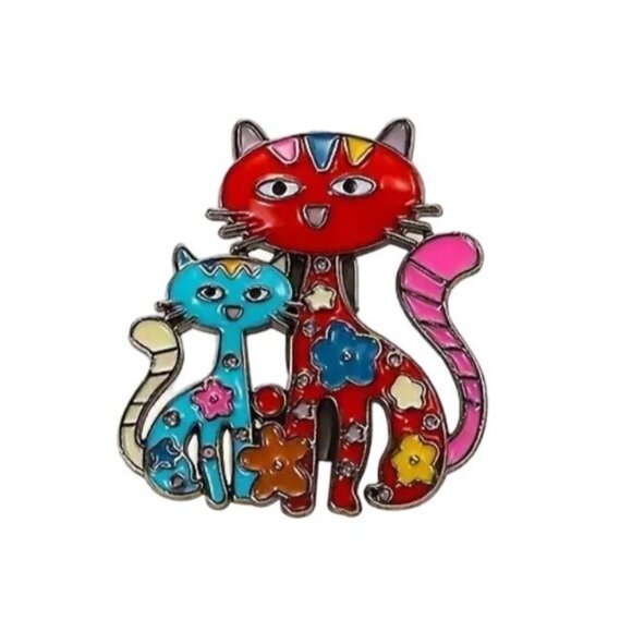 Colorful Enamel Cats Brooch Pin 2.8cm x 2.4cm Flower Design Cute Jewelry Accesso - Picture 1 of 3